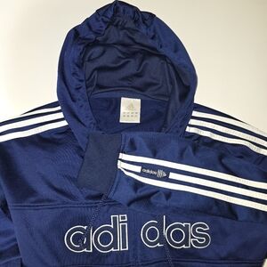 Vintage Navy Blue Adidas hooded full-zip track jacket with a split log